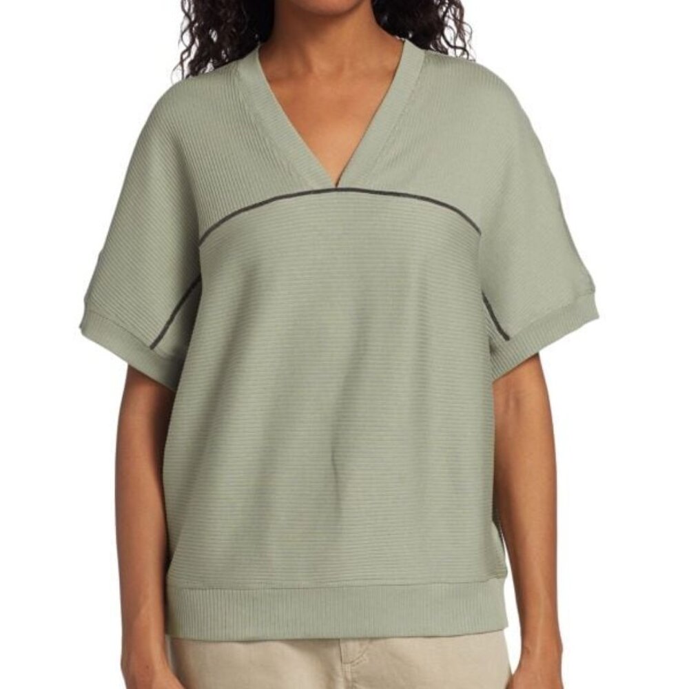 Brunello Cucinelli Monili Trim Ribbed V-Neck Thyme Cotton Tee